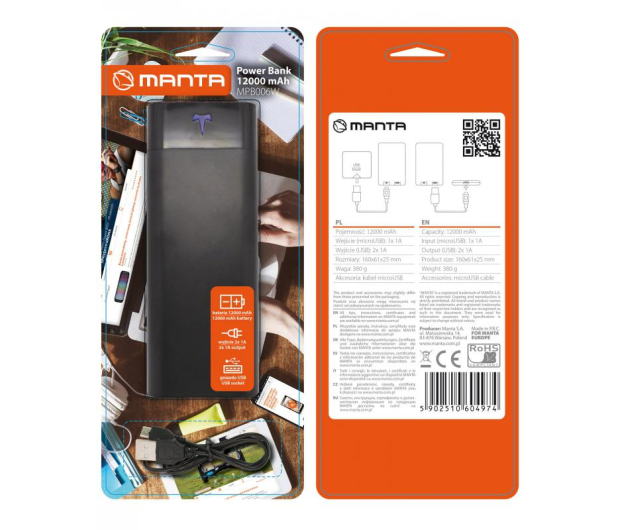 Powerbank MANTA 12000 mAh MPB006  Czarny  # - 1386977 - zdjęcie 2